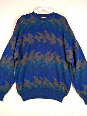 Vintage 90s Abstract Knit Crewneck Sweater Mens XL Blue Mondo di Marco Italy